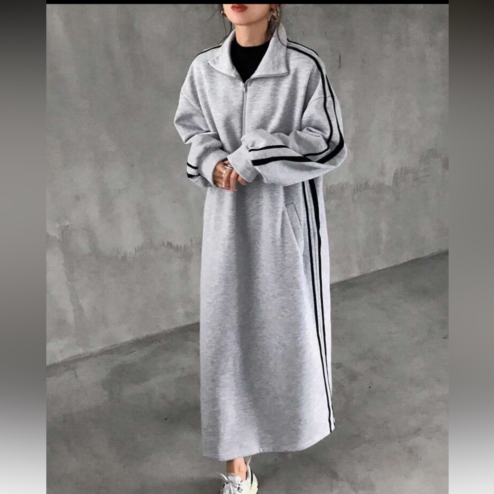 Grey Zip-Front Track Maxi Dress with Black Stripes